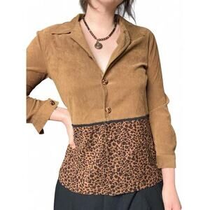 Vintage Women’s Faux‎ Suede Leopard Print Button Up Top Size 8P Indie Grunge